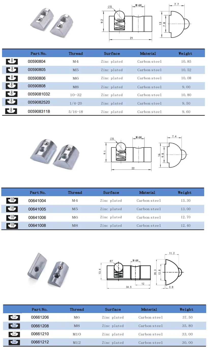 T Nuts 10 Slot Slide In T-slot Nuts With Ball Spring(Images1)